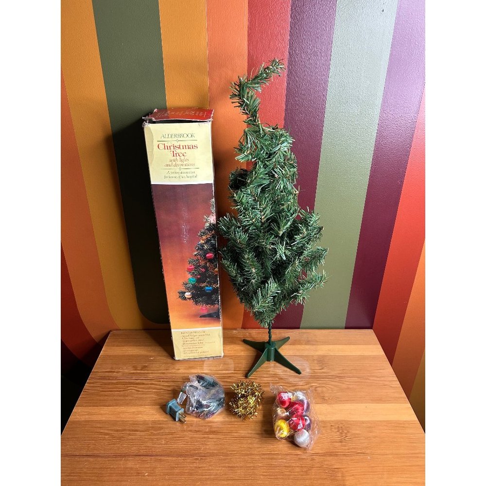 Vintage Christmas mini tree Alderbrook ornaments bulbs lights plastic